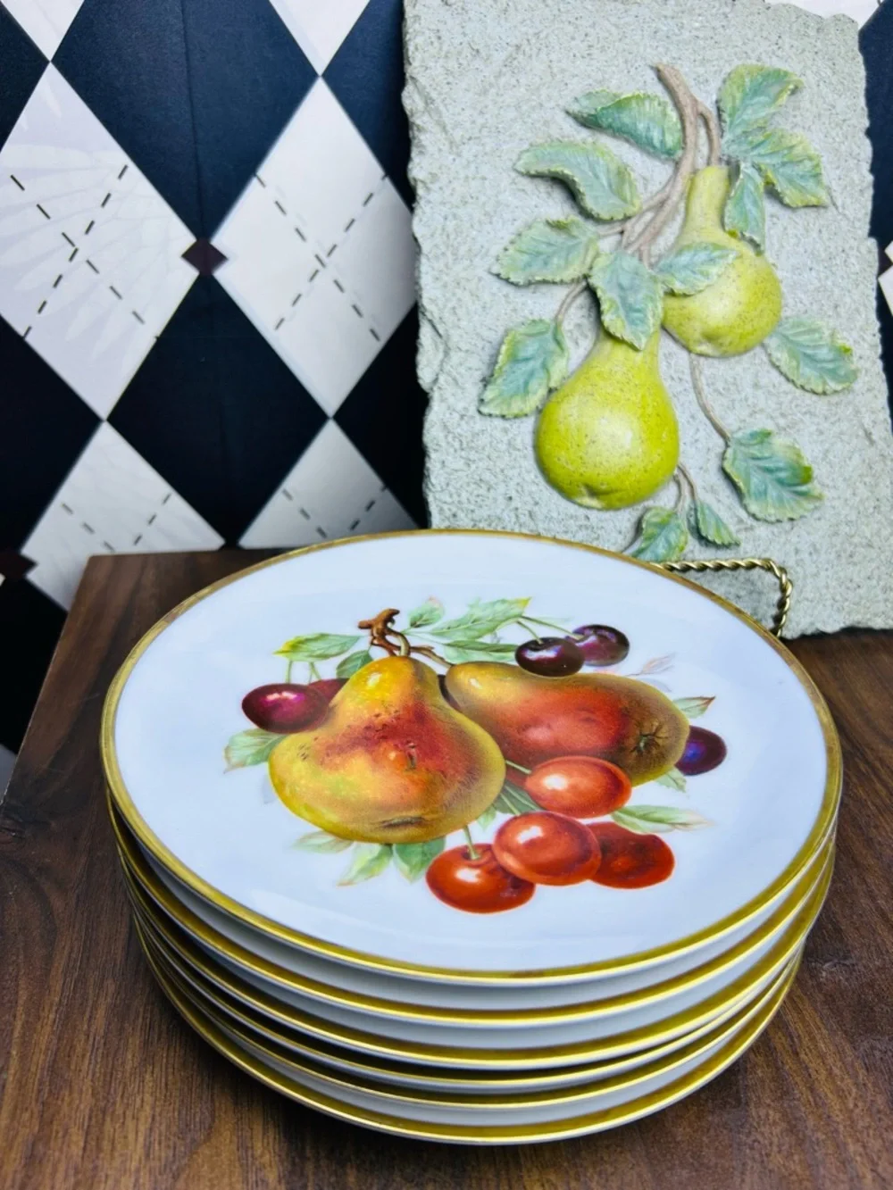 Vintage Mitterteich Bavaria Fruit Plates Set‎ of 6 Gold Rim German Porcelain